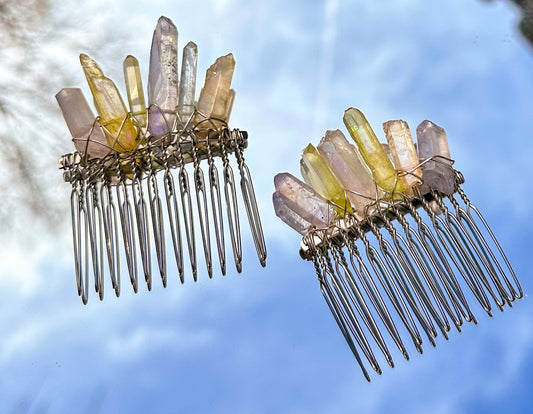 Pastel Rainbow Quartz Gold Hair Comb Pins