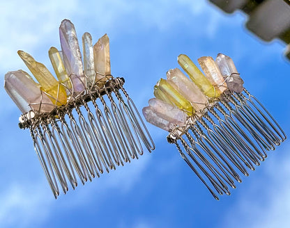 Pastel Rainbow Quartz Gold Hair Comb Pins