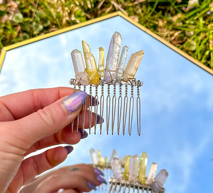 Pastel Rainbow Quartz Gold Hair Comb Pins