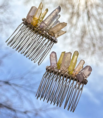 Pastel Rainbow Quartz Gold Hair Comb Pins