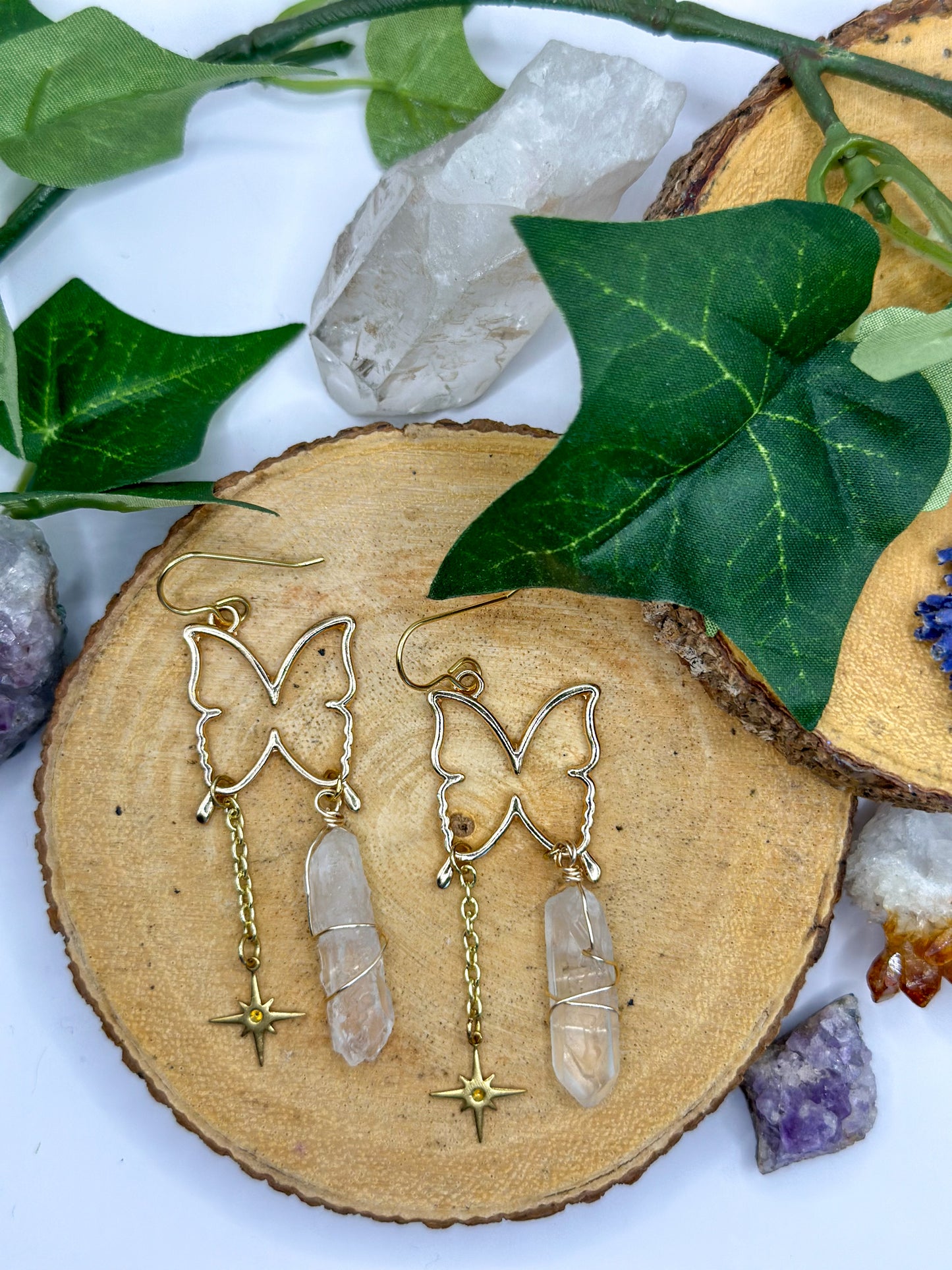 "Mystic Butterfly" Clear Quartz Dangle Earrings