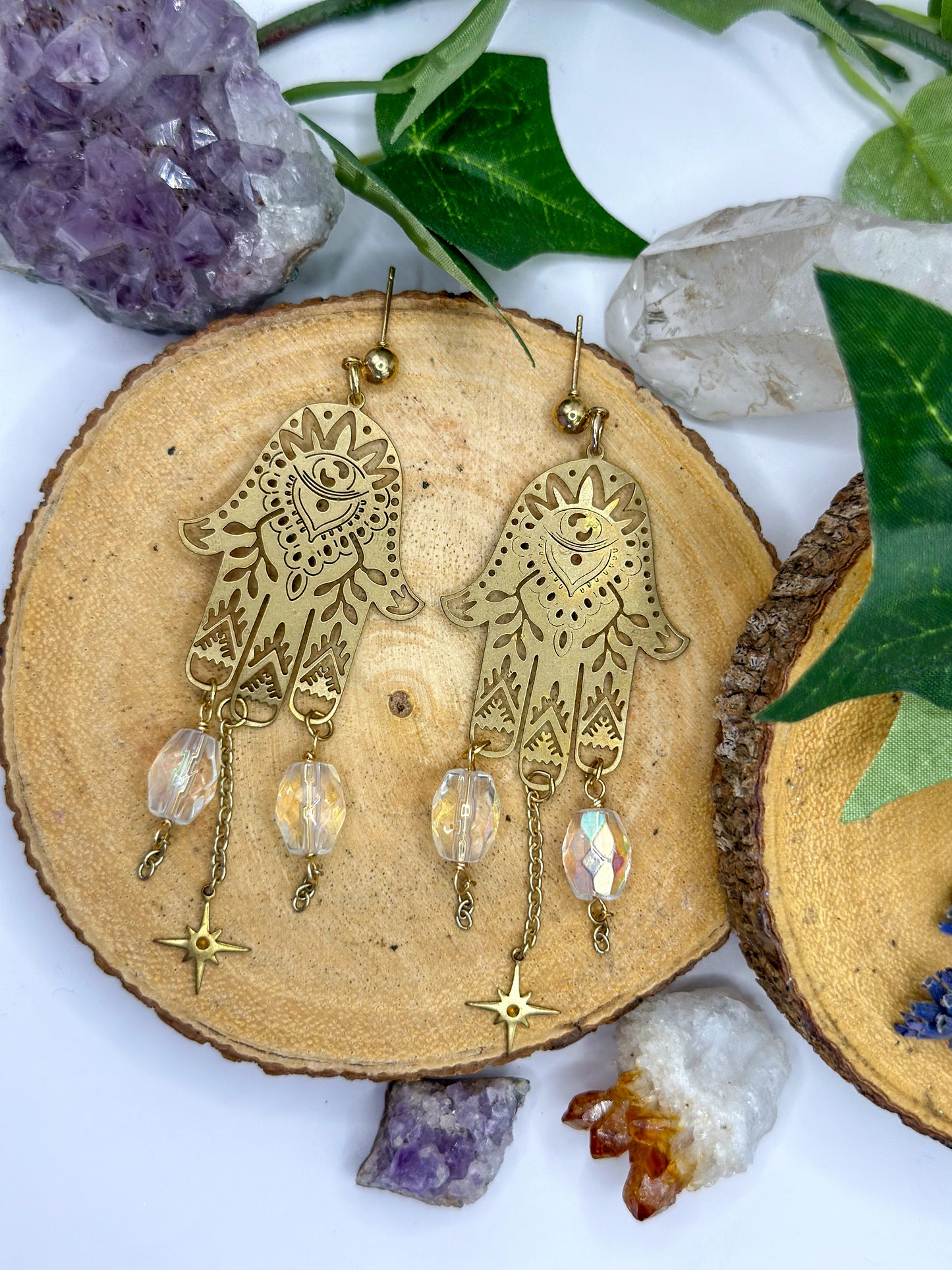 "Aurora Hamsa" Gold Dangle Earrings